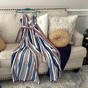 Fashion Nova Striped Jumpsuit - Blue, White, and Brown